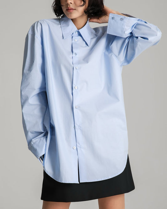ANNA Classic Cotton Blouse - Blue - SUENE