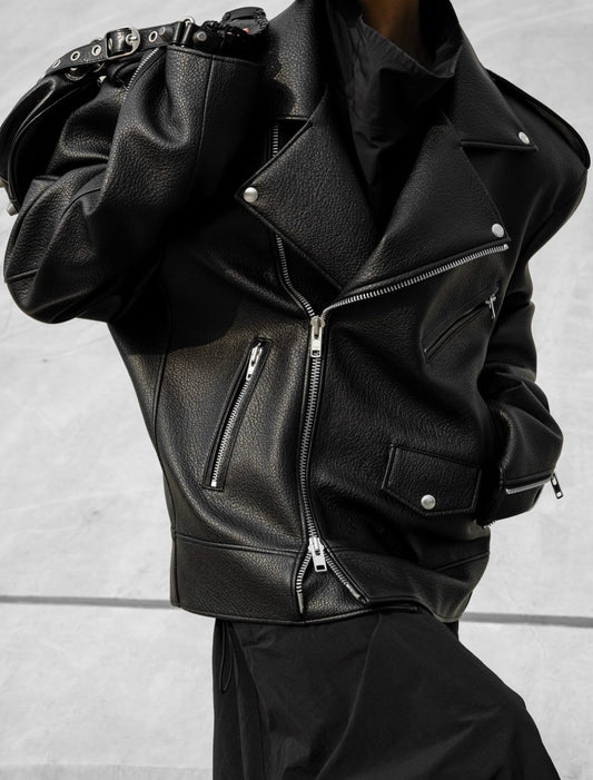 ORLANDO Oversized Faux Leather Biker Jacket - Black - SUENE