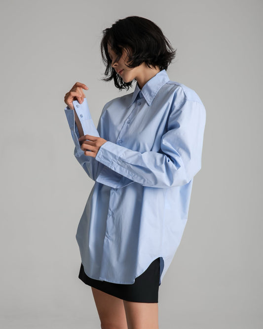 ANNA Classic Cotton Blouse - Blue - SUENE