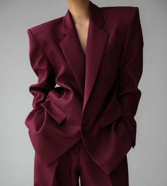 KARINA Oversized Twill Blazer - Burgundy - SUENE